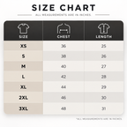 T-shirt size chart in inches: XS 36/25, S 38/26, M 40/27, L 42/28, XL 44/29, 2XL 46/30, 3XL 48/31 (chest/length).