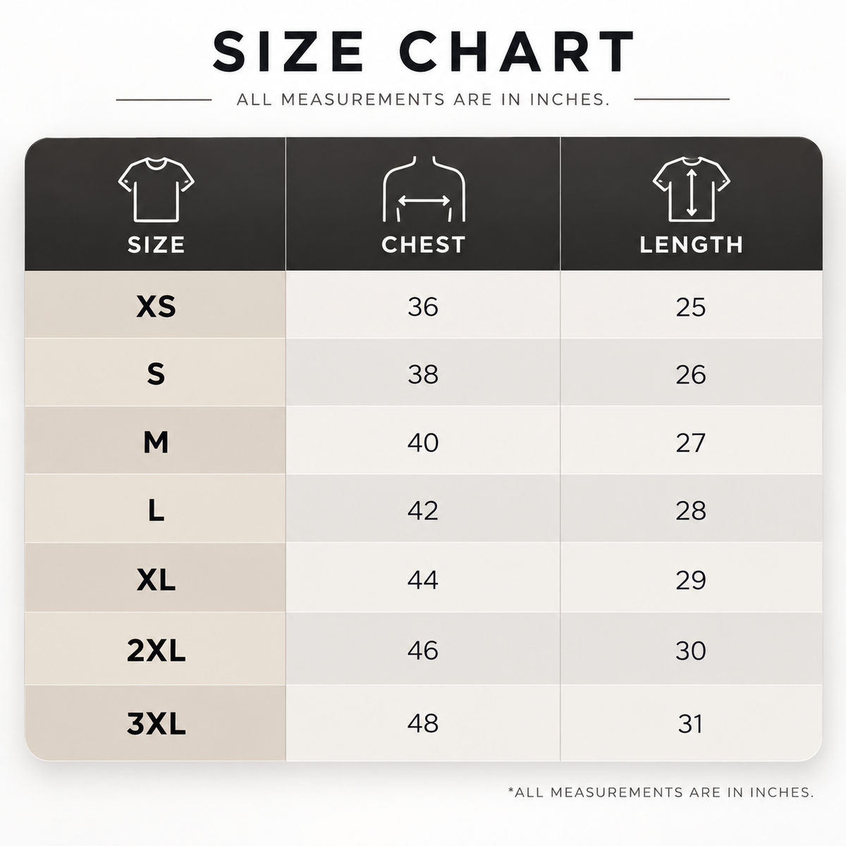 T-shirt size chart in inches: XS 36/25, S 38/26, M 40/27, L 42/28, XL 44/29, 2XL 46/30, 3XL 48/31 (chest/length).