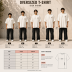 Oversized t-shirt size guide with models and measurements on a neutral background