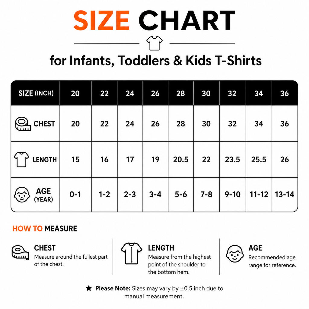 A size chart graphic for infants, toddlers, and kids T-shirts, showing a measurement table with chest, length, and age columns for sizes 20 to 36. The chart includes a 'SIZE CHART' header and a 'HOW TO MEASURE' section with icons and brief instructions.